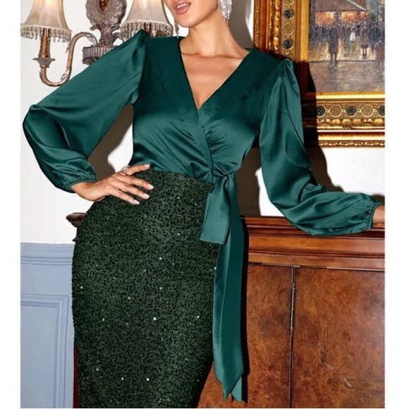 Luxe Sequin Holiday Party Evening Formal SatinDress - Picture 7 of 9